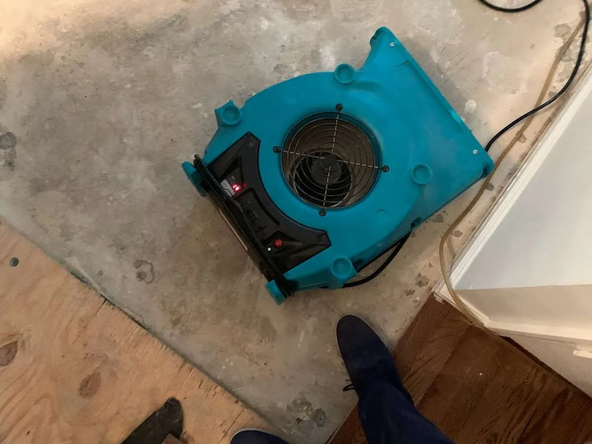 Air mover drying subfloor during Leak Detection & Repair in San Benito
